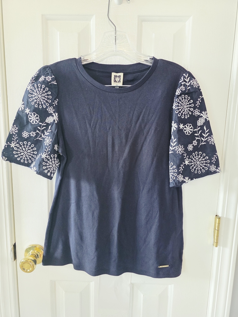 Women's Navy T-Shirt White Embroidered Floral Sleeves